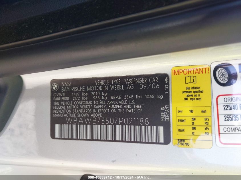 2007 BMW 335I VIN: WBAWB73507P021188 Lot: 40639712