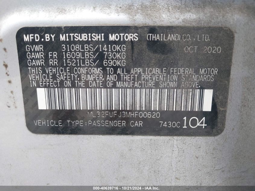 2021 Mitsubishi Mirage G4 Carbonite Edition/Es/Le VIN: ML32FUFJ3MHF00620 Lot: 40639716