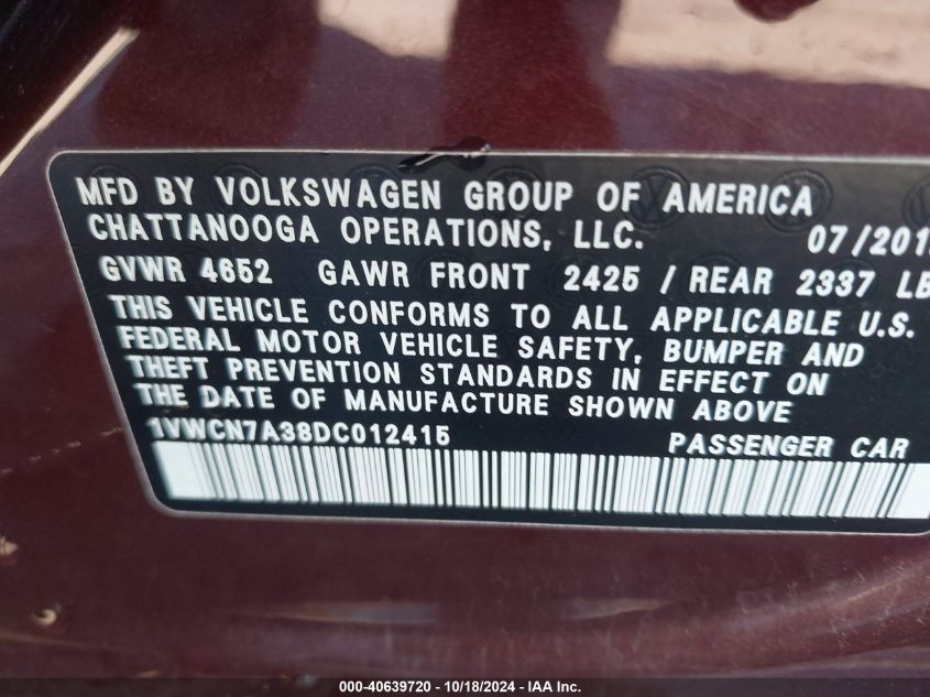 2013 VOLKSWAGEN PASSAT 2.0L TDI SEL PREMIUM - 1VWCN7A38DC012415