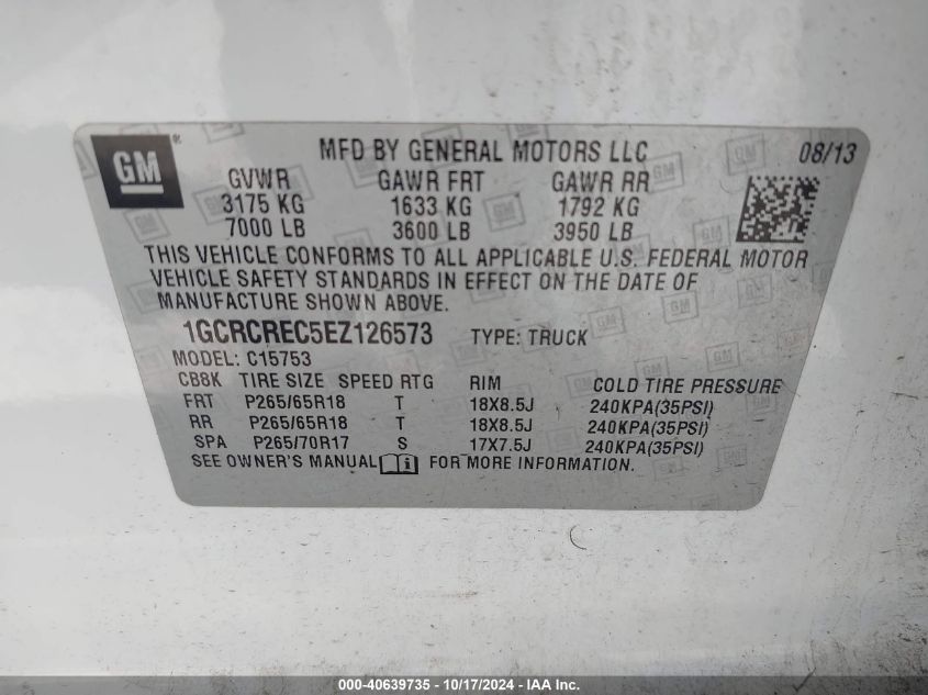 2014 Chevrolet Silverado 1500 1Lt VIN: 1GCRCREC5EZ126573 Lot: 40639735