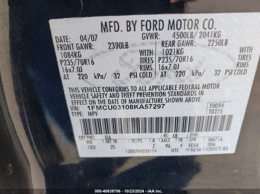 2008 Ford Escape Xlt VIN: 1FMCU03108KA57297 Lot: 40639786