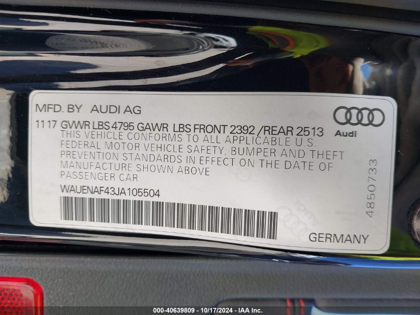 2018 Audi A4 2.0T Premium/2.0T Tech Premium VIN: WAUENAF43JA105504 Lot: 40639809