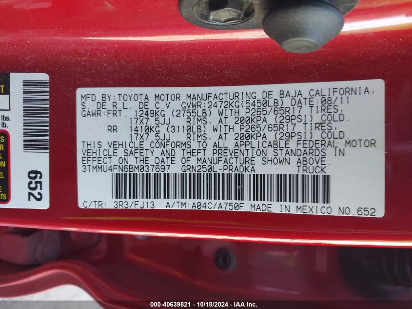 2011 Toyota Tacoma Double Cab Long Bed VIN: 3TMMU4FN6BM037697 Lot: 40639821