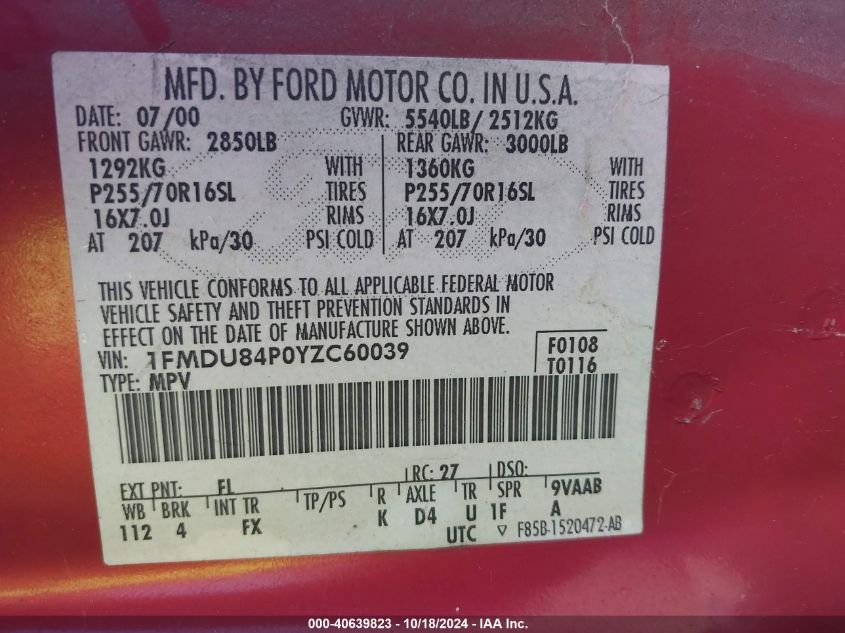 2000 Ford Explorer Eddie Bauer VIN: 1FMDU84P0YZC60039 Lot: 40639823