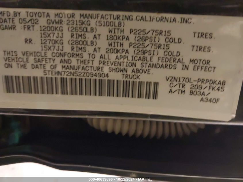 2002 Toyota Tacoma Base V6 VIN: 5TEHN72N52Z094904 Lot: 40639896