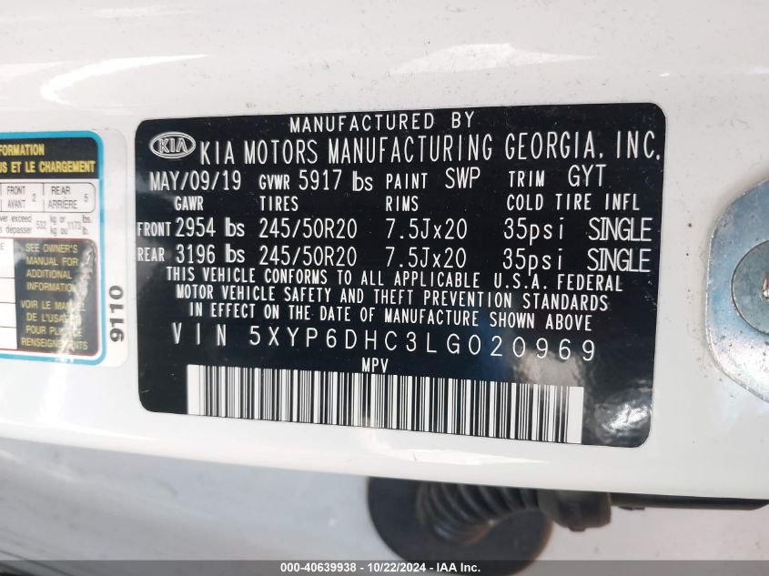 2020 Kia Telluride S VIN: 5XYP6DHC3LG020969 Lot: 40639938