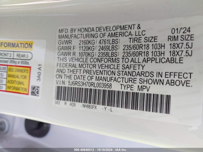 2024 Honda Cr-V Ex-L 2Wd VIN: 5J6RS3H70RL003958 Lot: 40640012