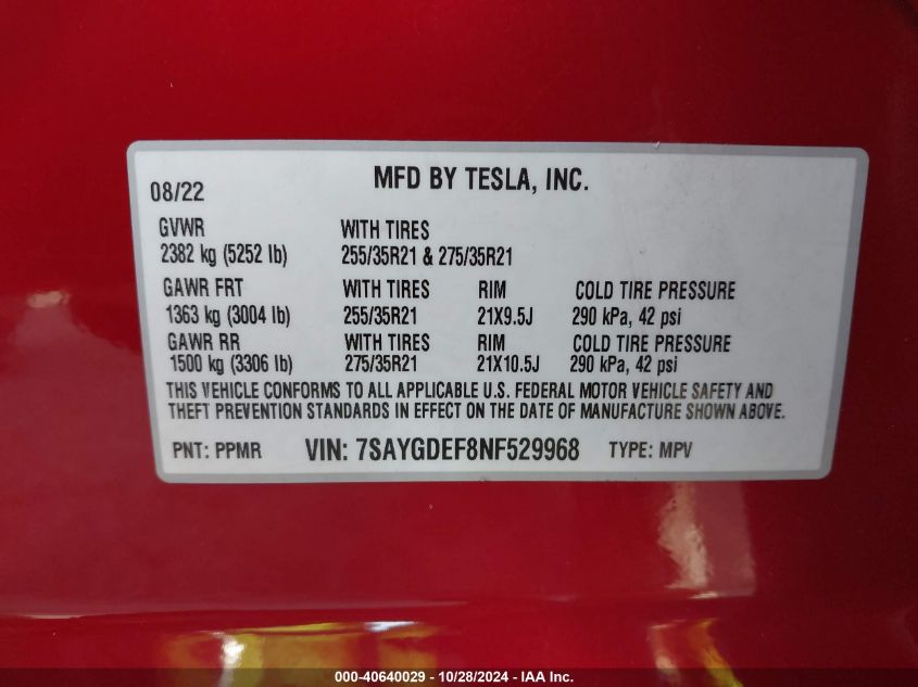 2022 Tesla Model Y Performance Dual Motor All-Wheel Drive VIN: 7SAYGDEF8NF529968 Lot: 40640029