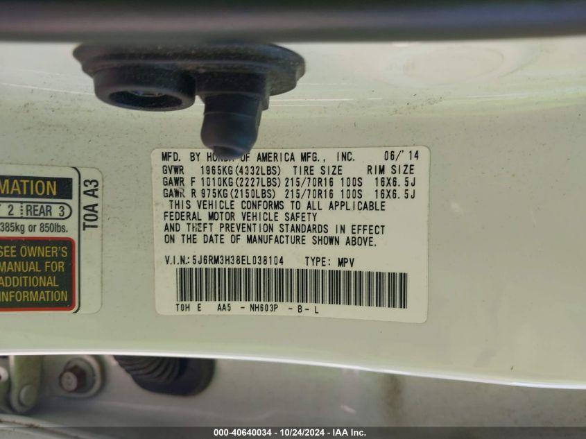 VIN 5J6RM3H38EL038104 2014 Honda CR-V, LX no.9