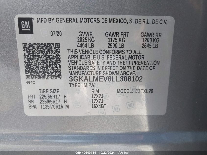 2020 GMC Terrain Fwd Sle VIN: 3GKALMEV8LL308102 Lot: 40640114