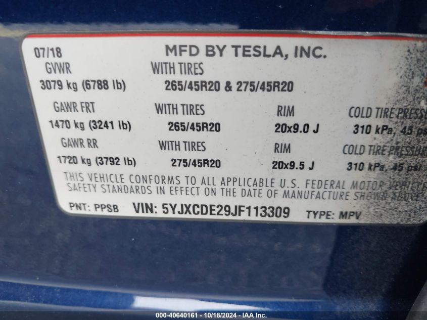 2018 Tesla Model X 100D/75D/P100D VIN: 5YJXCDE29JF113309 Lot: 40640161