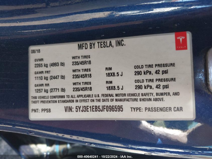 2018 Tesla Model 3 Long Range/Performance VIN: 5YJ3E1EB5JF096595 Lot: 40640241