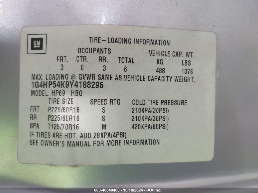 2000 Buick Lesabre Custom VIN: 1G4HP54K9Y4188296 Lot: 40640400