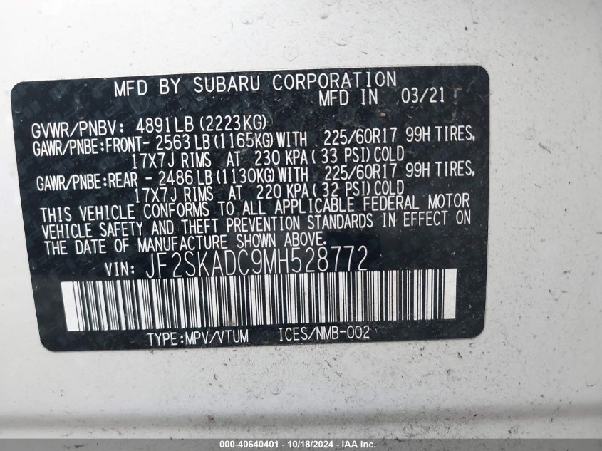 2021 Subaru Forester VIN: JF2SKADC9MH528772 Lot: 40640401