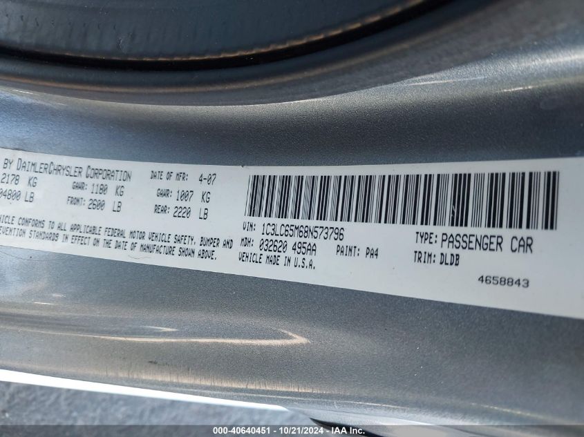 2008 Chrysler Sebring Limited VIN: 1C3LC65M68N573796 Lot: 40640451