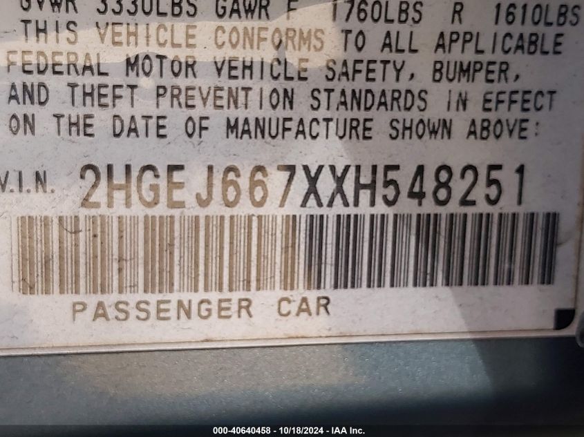 1999 Honda Civic Lx VIN: 2HGEJ667XXH548251 Lot: 40640458