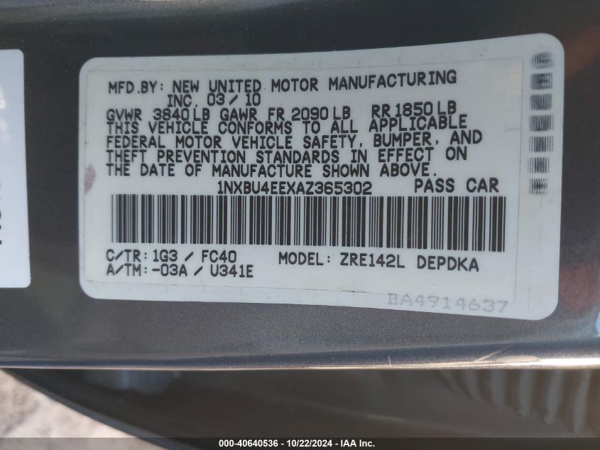 2010 Toyota Corolla Le VIN: 1NXBU4EEXAZ365302 Lot: 40640536