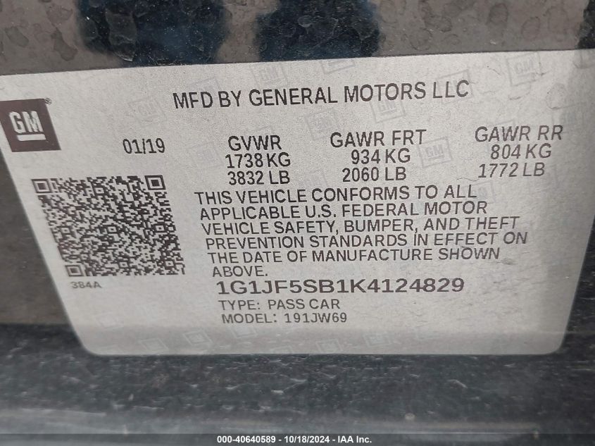 2019 CHEVROLET SONIC VIN: 1G1JF5SB1K4124829
