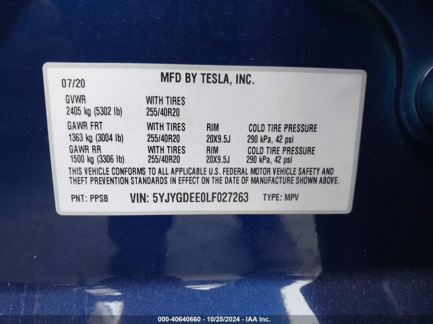 2020 Tesla Model Y Long Range Dual Motor All-Wheel Drive VIN: 5YJYGDEE0LF027263 Lot: 40640660