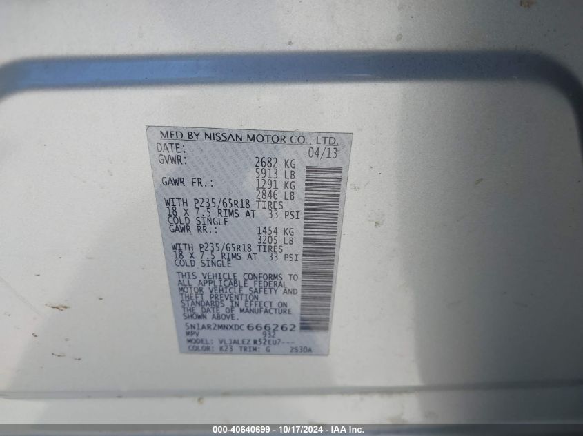 2013 Nissan Pathfinder Sv VIN: 5N1AR2MNXDC666262 Lot: 40640699