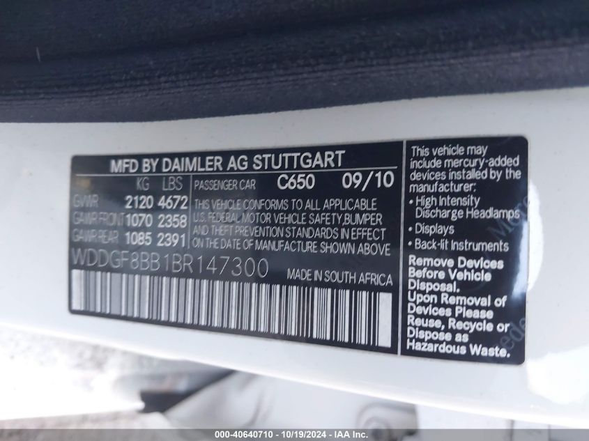 2011 Mercedes-Benz C 300 Luxury 4Matic/Sport 4Matic VIN: WDDGF8BB1BR147300 Lot: 40640710