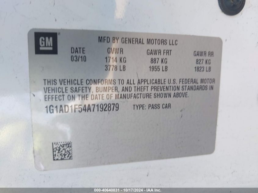 2010 Chevrolet Cobalt Lt VIN: 1G1AD1F54A7192879 Lot: 40640831