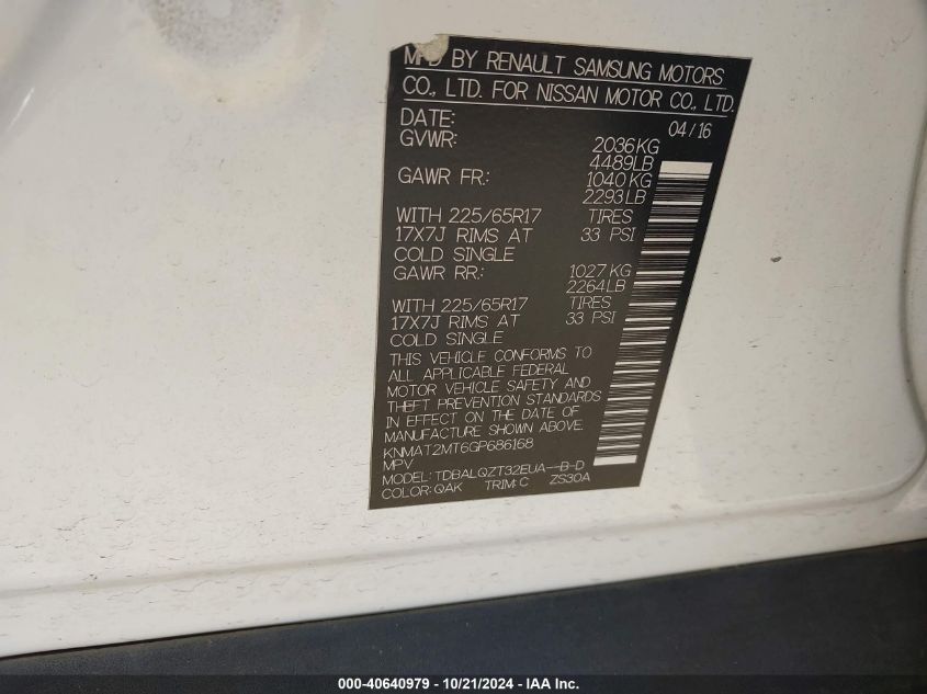 2016 Nissan Rogue Sv VIN: KNMAT2MT6GP686168 Lot: 40640979