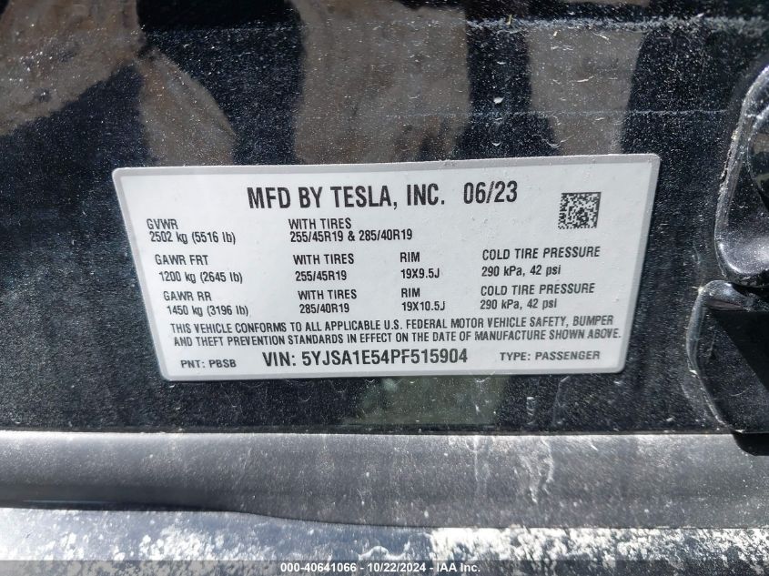 2023 Tesla Model S Dual Motor All-Wheel Drive/Standard Range VIN: 5YJSA1E54PF515904 Lot: 40641066