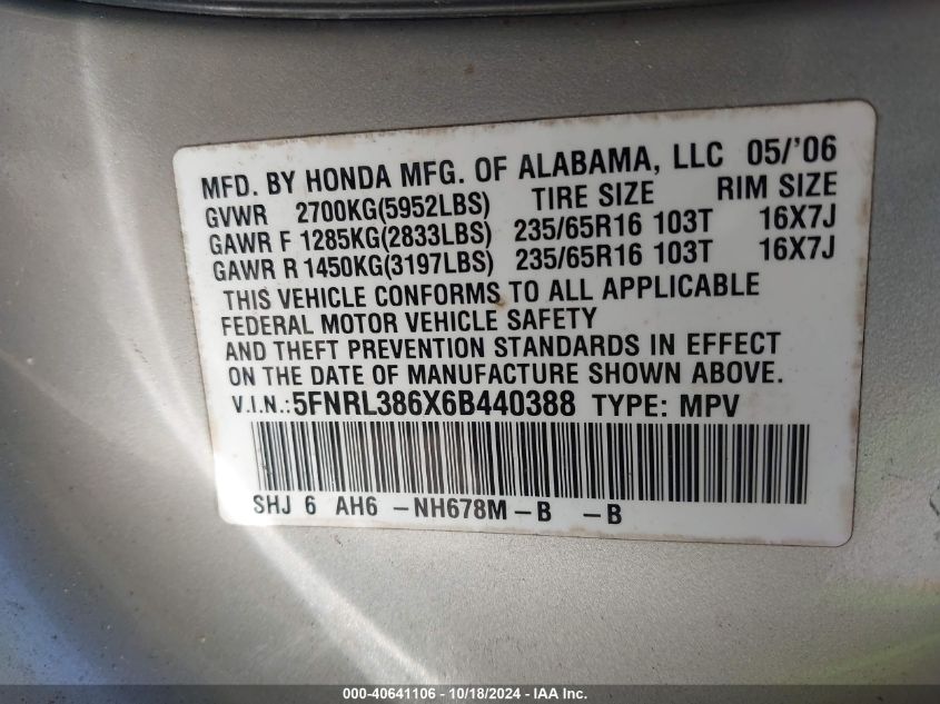 2006 Honda Odyssey Ex-L VIN: 5FNRL386X6B440388 Lot: 40641106