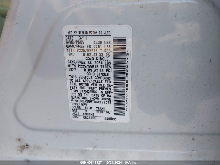 2011 Nissan Rogue Sv VIN: JN8AS5MT8BW177075 Lot: 40641127