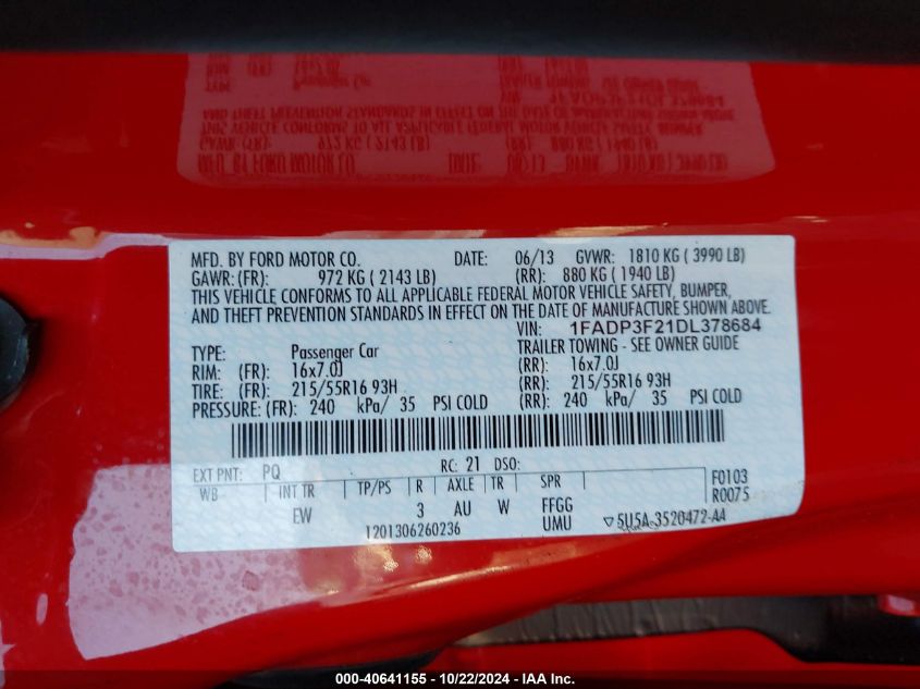 2013 FORD FOCUS SE - 1FADP3F21DL378684