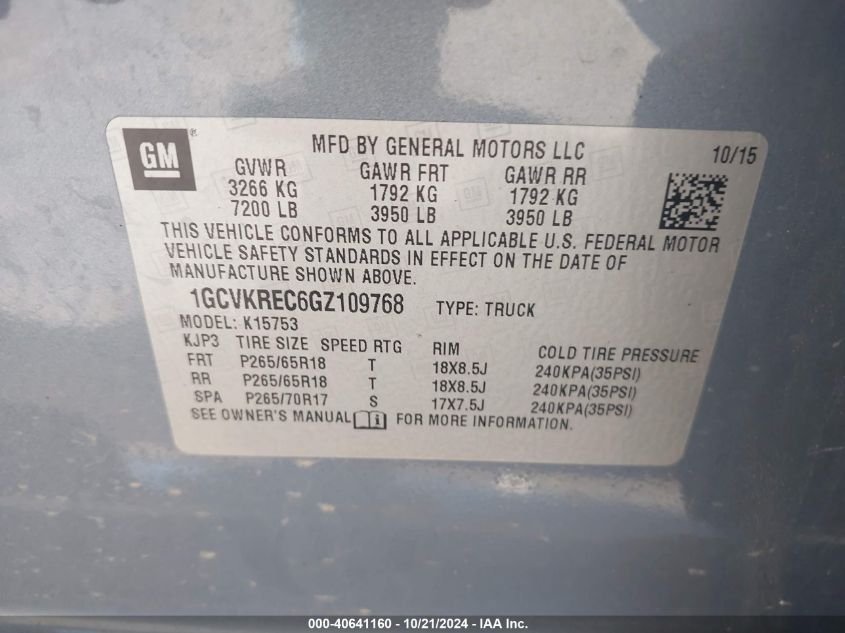 2016 Chevrolet Silverado 1500 1Lt VIN: 1GCVKREC6GZ109768 Lot: 40641160