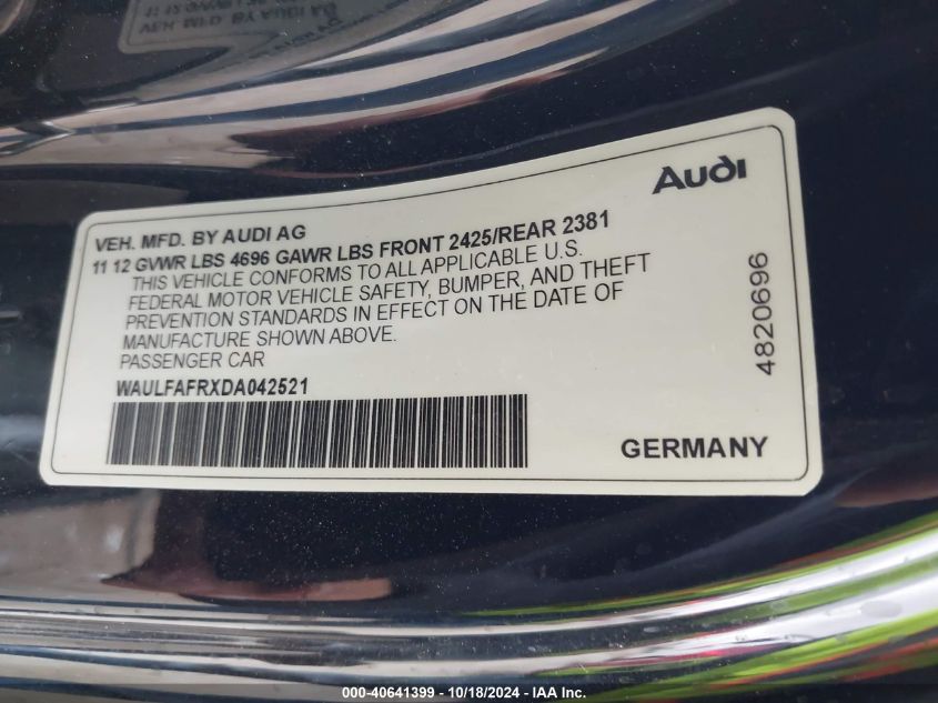 2013 Audi A5 2.0T Premium VIN: WAULFAFRXDA042521 Lot: 40641399