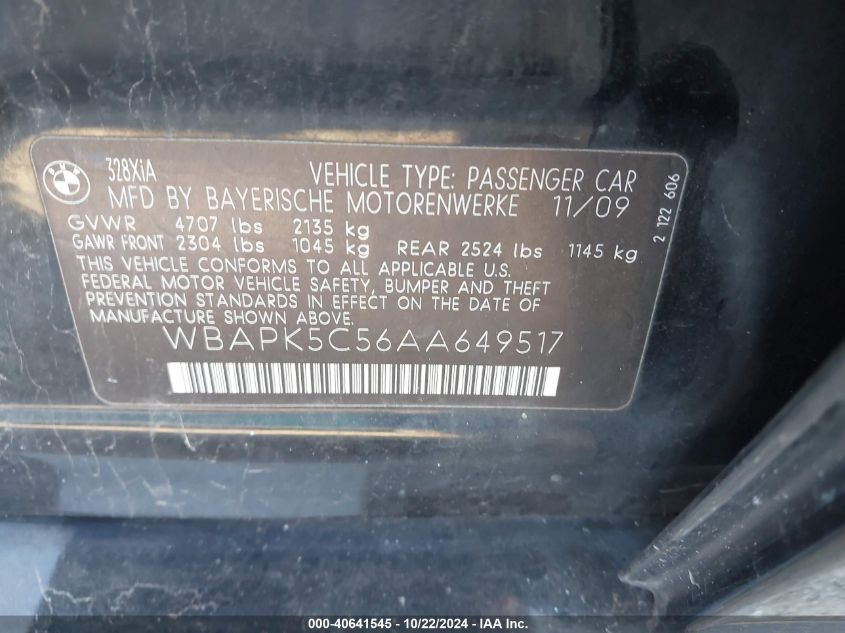 2010 BMW 328I xDrive VIN: WBAPK5C56AA649517 Lot: 40641545