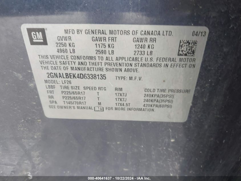 2013 Chevrolet Equinox Ls VIN: 2GNALBEK4D6338135 Lot: 40641637