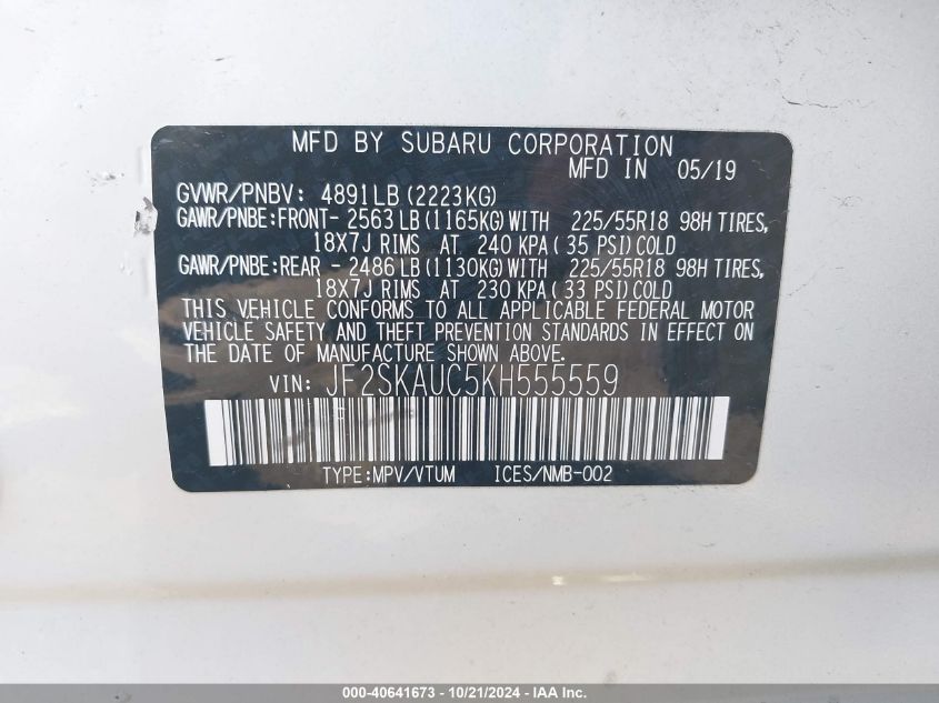2019 Subaru Forester Limited VIN: JF2SKAUC5KH555559 Lot: 40641673