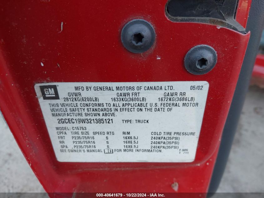 2002 Chevrolet Silverado 1500 Ls VIN: 2GCEC19W321385121 Lot: 40641679