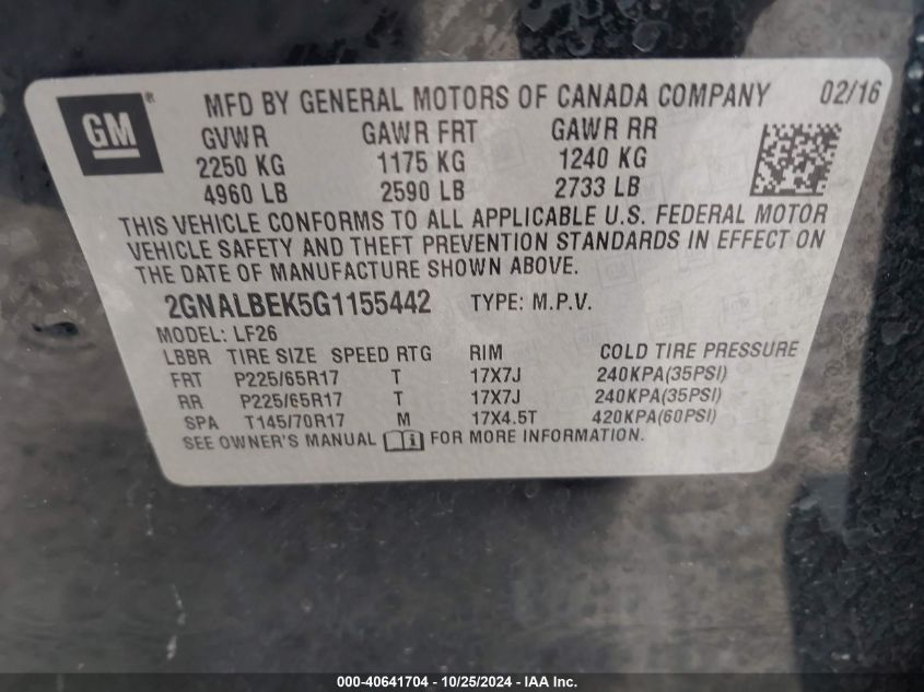 VIN 2GNALBEK5G1155442 2016 Chevrolet Equinox, LS no.9