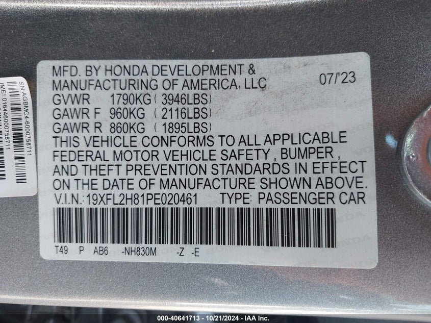 VIN 19XFL2H81PE020461 2023 HONDA CIVIC SPORT