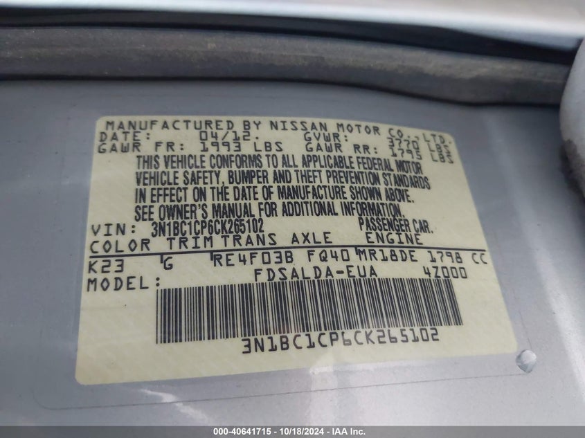 2012 Nissan Versa 1.8 S VIN: 3N1BC1CP6CK265102 Lot: 40641715