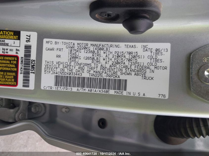 2013 Toyota Tacoma VIN: 5TFJX4CN5DX033443 Lot: 40641720