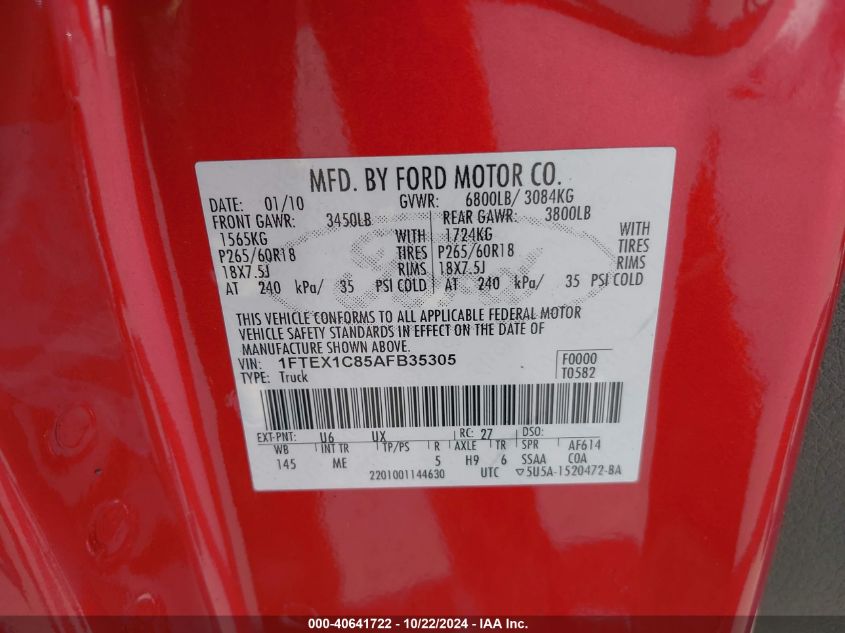 2010 Ford F-150 Xlt VIN: 1FTEX1C85AFB35305 Lot: 40641722