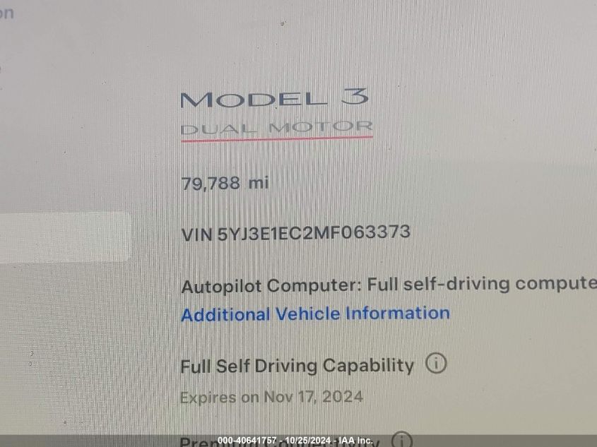 2021 Tesla Model 3 VIN: 5YJ3E1EC2MF063373 Lot: 40641757