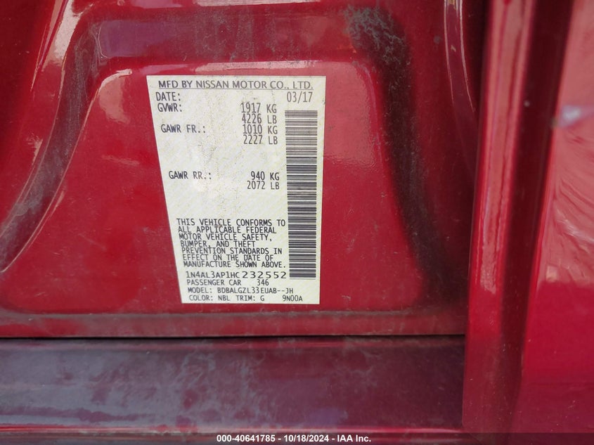 VIN 1N4AL3AP1HC232552 2017 NISSAN ALTIMA 2.5 S