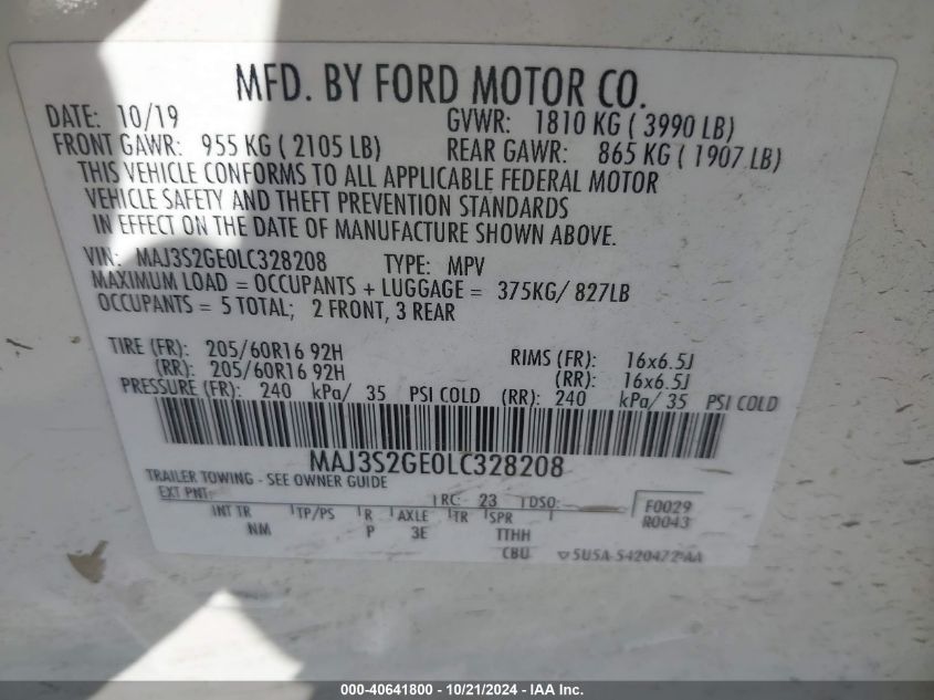 2020 Ford Ecosport Se VIN: MAJ3S2GE0LC328208 Lot: 40641800