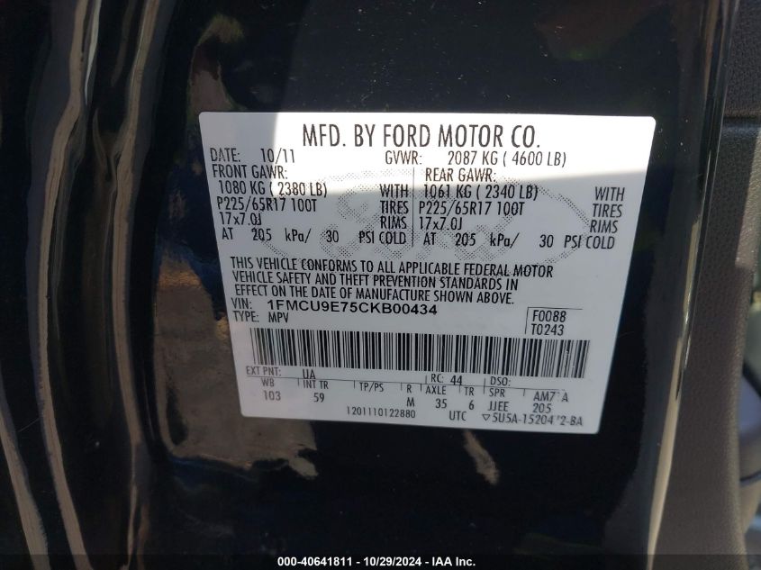 2012 Ford Escape Limited VIN: 1FMCU9E75CKB00434 Lot: 40641811