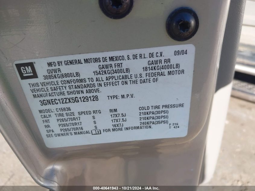 2005 Chevrolet Avalanche 1500 Z66 VIN: 3GNEC12ZX5G129128 Lot: 40641943