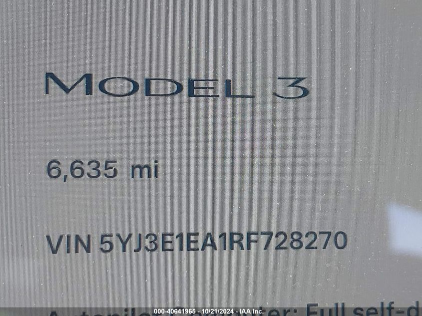 VIN 5YJ3E1EA1RF728270 2024 Tesla Model 3, Rear-Whee... no.15