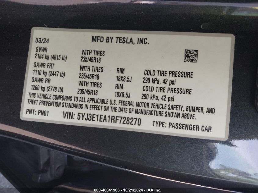 VIN 5YJ3E1EA1RF728270 2024 Tesla Model 3, Rear-Whee... no.9