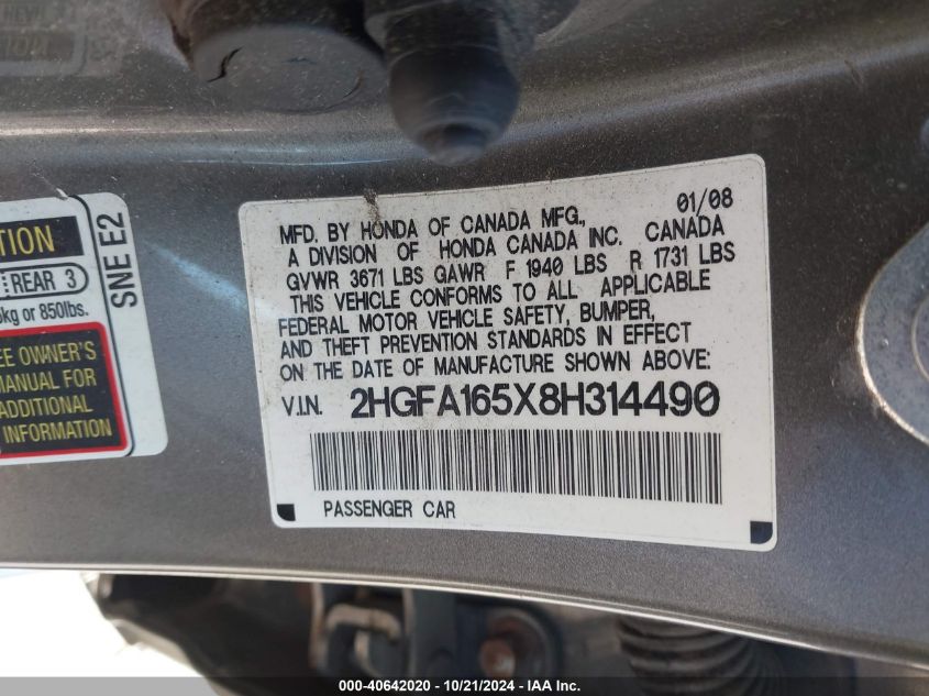2008 Honda Civic Lx VIN: 2HGFA165X8H314490 Lot: 40642020